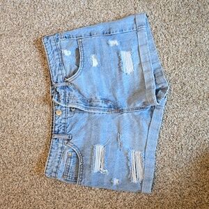 Women's Forever 21 Medium Blue Wash Distressed Cuffed Denim Shorts Size 28 US